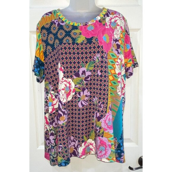 Johnny Was Maggie Crewneck Swing T-Shirt Multicolor Floral Patchwork Print XL - Picture 9 of 9